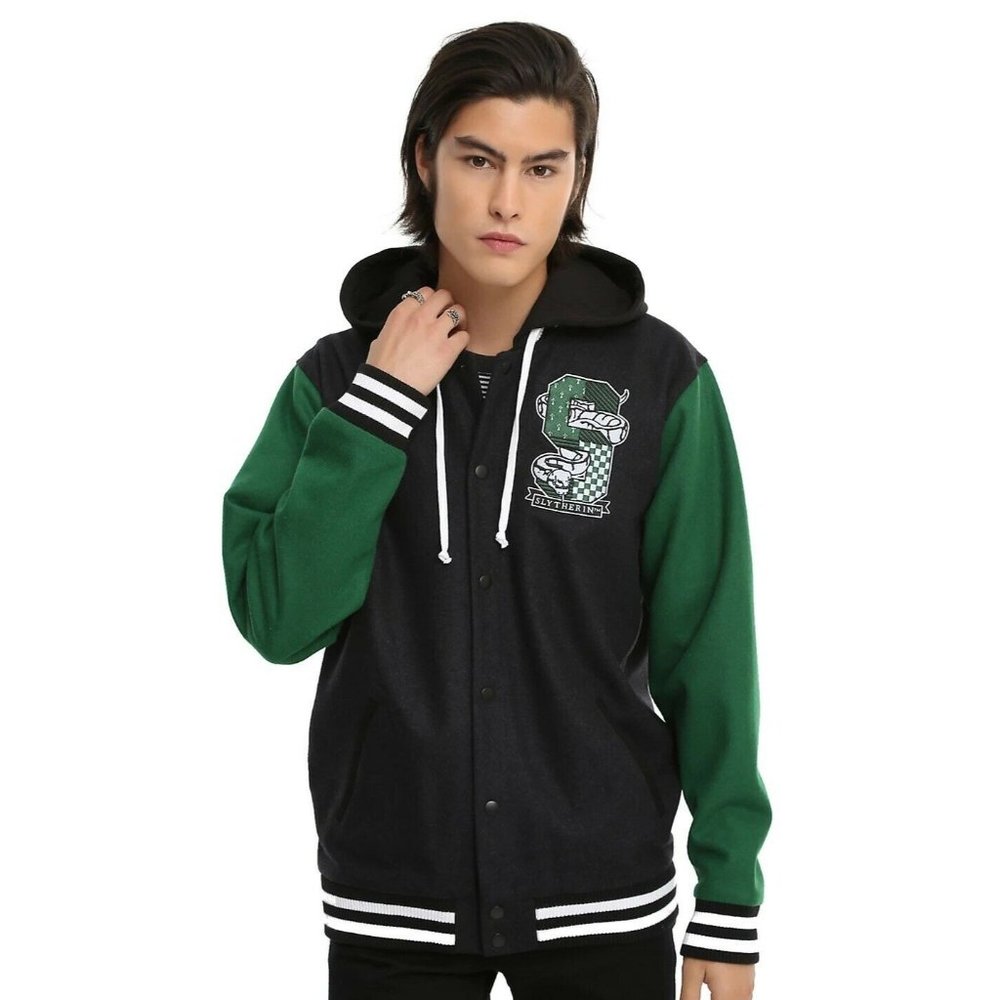 Harry Potter Slytherin Logo Hooded Varsity Wool Jacket Snap Button Mens Size M